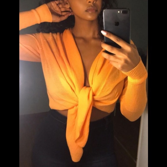 💋Orange Knit 🧶 Open Front Tie Crop Sweater - Picture 1 of 5
